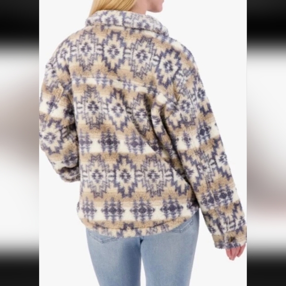 WOMENS LUCKY BRAND PATTERNED HIGH-PILE FLEECE SHACKET IN NATURAL COMBO SZ L - Picture 2 of 6